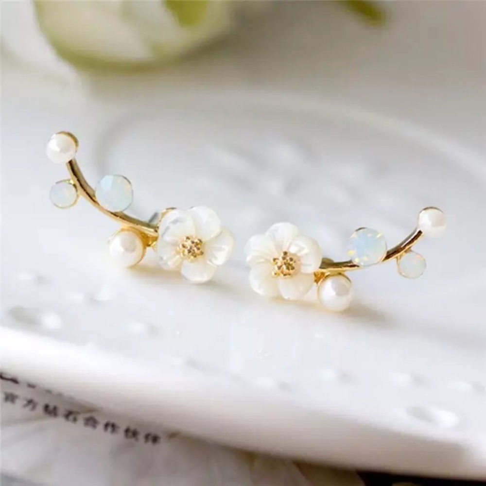 “Floral Dreams” Japanese Cherry Blossom Minimalist Spring Pearl/Diamond Earrings - Picture 3 of 6